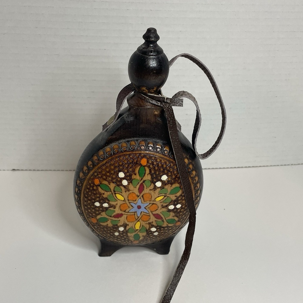 Vintage Handmade Folk Pyrography Wood Flask Eastern European